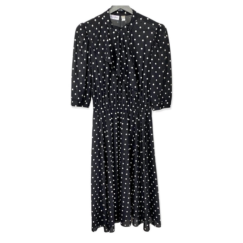 Vintage 80s Polka Dot Asymmetrical Collar Secretary Dress Medium